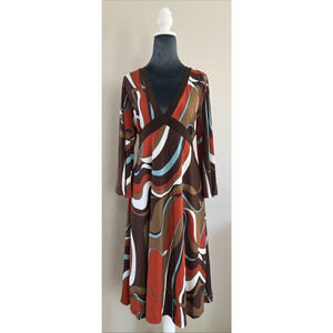 Vintage Y2K Babydoll Dress Retro Psychedelic XL Brown Bell Sleeves Bow V Neck XL